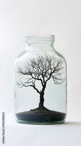 Obraz Leafless oak tree in a glass jar, on a white background