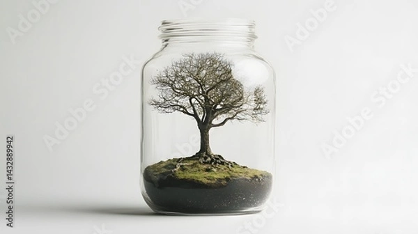 Obraz Leafless oak tree in a glass jar, on a white background
