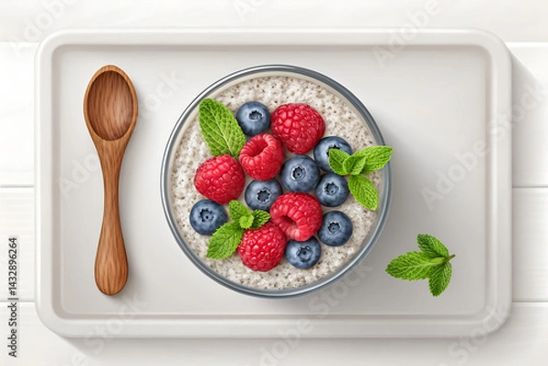 Fototapeta Chia Seed Pudding with Fresh Berries and Mint in Glass Bowl – Healthy Breakfast Idea