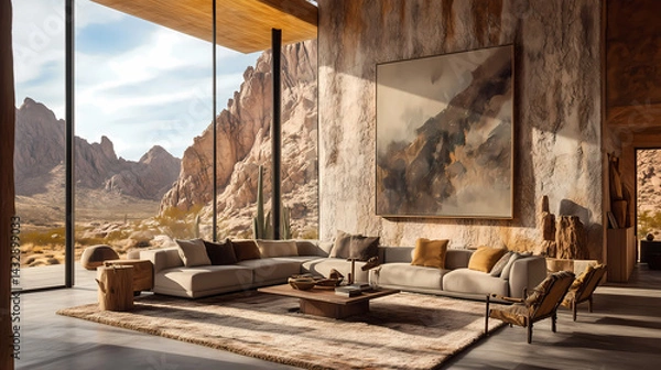 Fototapeta Boho-chic industrial desert living room with natural light, textured rugs, and a mix of wood and metal furniture