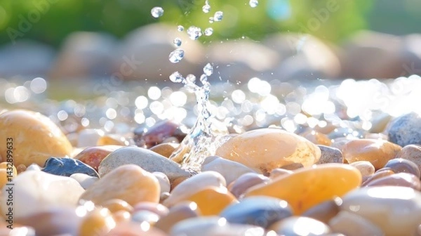 Fototapeta Close-Up of Smooth Polished River Stones with Water Splash