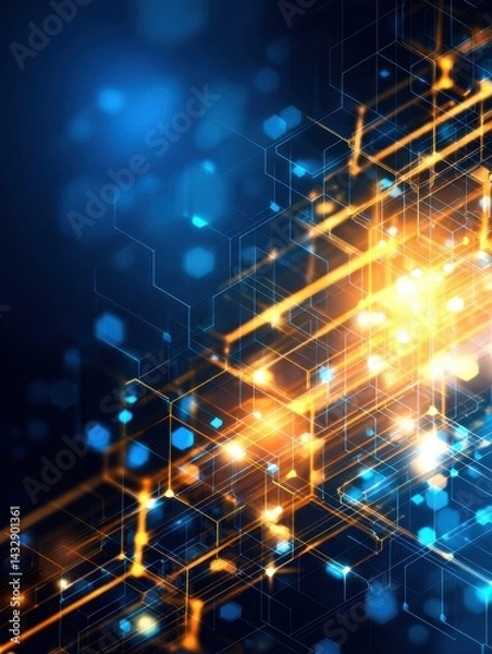 Fototapeta Abstract digital background with glowing lines and geometric shapes in blue and orange tones