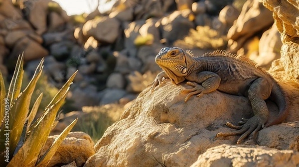Fototapeta A detailed view of a lizard basking on a rocky surface, surrounded by desert vegetation in warm sunlight.