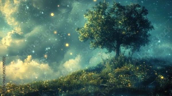 Obraz Magical tree on a hilltop, glowing fireflies, dreamy night sky.