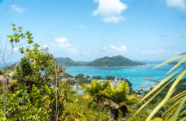 Fototapeta Scenic midday view from a tropical hilltop on Praslin Island, Seychelles