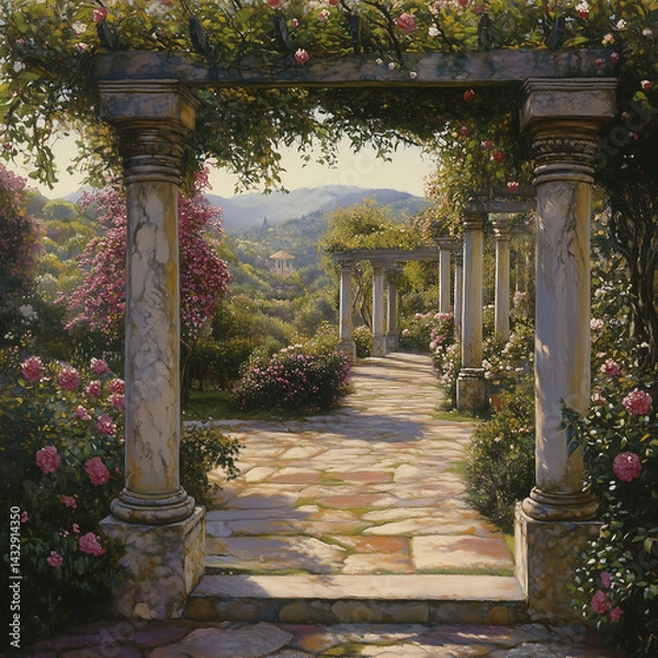 Obraz meticulously curated and purposeful splendor of a garden, unveiling masterful orchestration of flora, blossoms, and architectural elements amidst a symphony of harmonious and deliberate scenery meticu