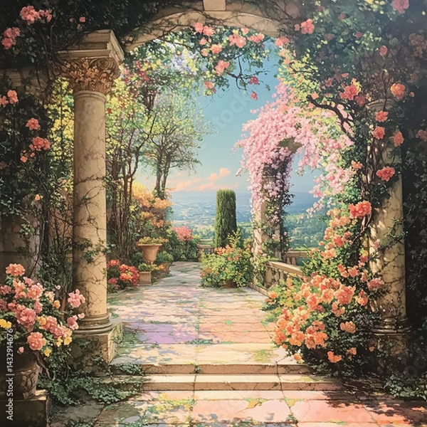Obraz meticulously curated and purposeful splendor of a garden, unveiling masterful orchestration of flora, blossoms, and architectural elements amidst a symphony of harmonious and deliberate scenery meticu