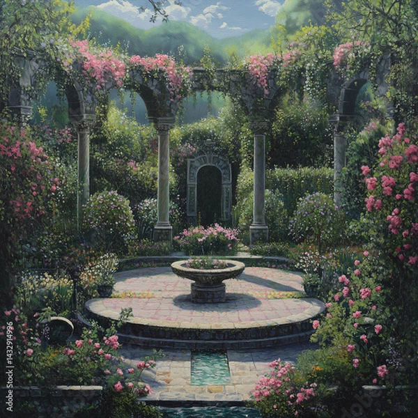 Obraz meticulously curated and purposeful splendor of a garden, unveiling masterful orchestration of flora, blossoms, and architectural elements amidst a symphony of harmonious and deliberate scenery meticu