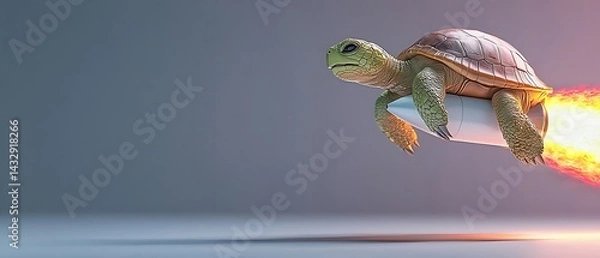 Obraz Turtle on rocket. Slow meets fast. A contrast of speeds with flames and sleek white rocket