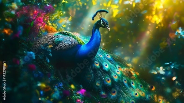 Fototapeta A majestic peacock displaying its colorful plumage amidst vibrant flowers in a serene, sunlit garden.
