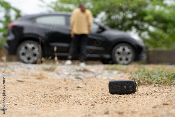 Obraz Lost car keys on the ground, Car keys dropped on the floor or fall lying on the street home front. Walking Away From Lost Car Key, can not transport, express, rush time, wast time, emergency