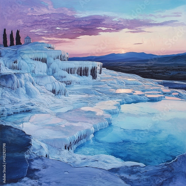 Obraz ays homage to breathtaking splendor of Pamukkale in Turkey, unveiling ethereal cascades of opalescent mineral-laden water, otherworldly vistas, and profound awe stirred by this unparalleled marvel of 