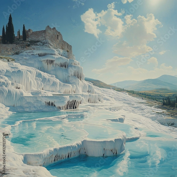 Obraz ays homage to breathtaking splendor of Pamukkale in Turkey, unveiling ethereal cascades of opalescent mineral-laden water, otherworldly vistas, and profound awe stirred by this unparalleled marvel of 