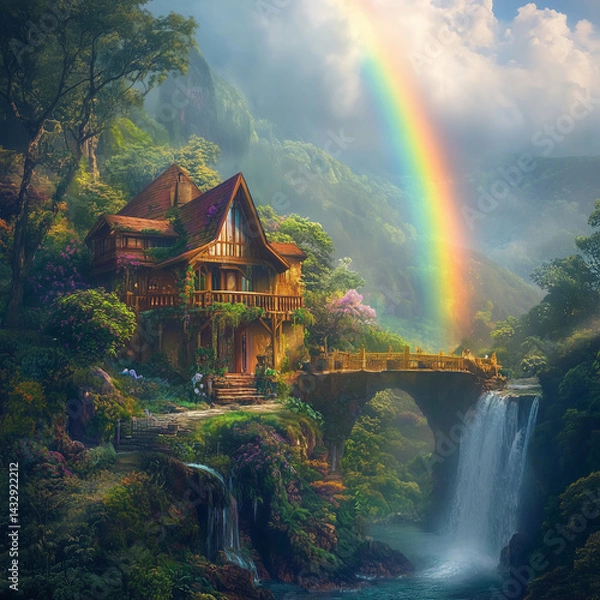 Obraz picturesque image captures ethereal beauty of a radiant rainbow gracefully spanning across a quaint abode nestled amidst a verdant oasis, seamlessly merging realms of human ingenuity, natural splendor