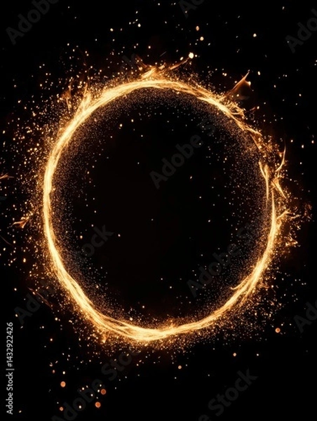 Fototapeta Golden light circle with sparks on a dark background creating a magical and ethereal atmosphere perfect for abstract design and cosmic concepts