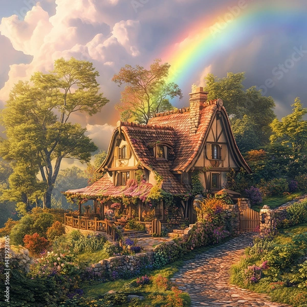 Obraz picturesque image captures ethereal beauty of a radiant rainbow gracefully spanning across a quaint abode nestled amidst a verdant oasis, seamlessly merging realms of human ingenuity, natural splendor