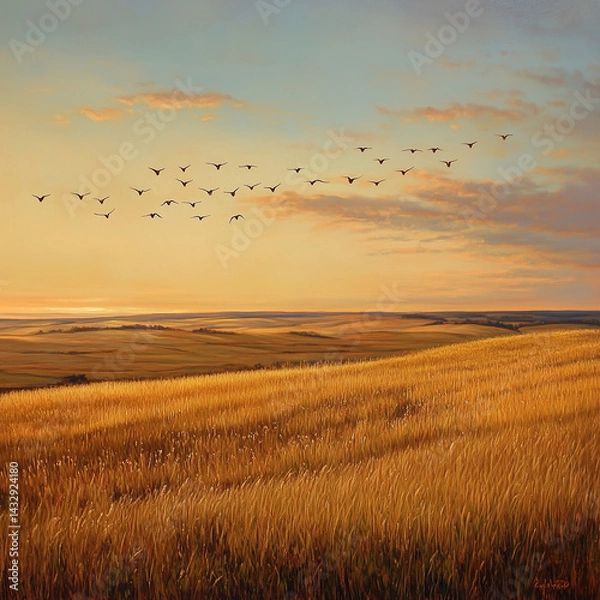 Obraz prairie adorned with golden grasses and filled with melodies of migrating birds undergoes an enchanting metamorphosis in autumn evoking a profound sense of change and introspection as seasons gracefu