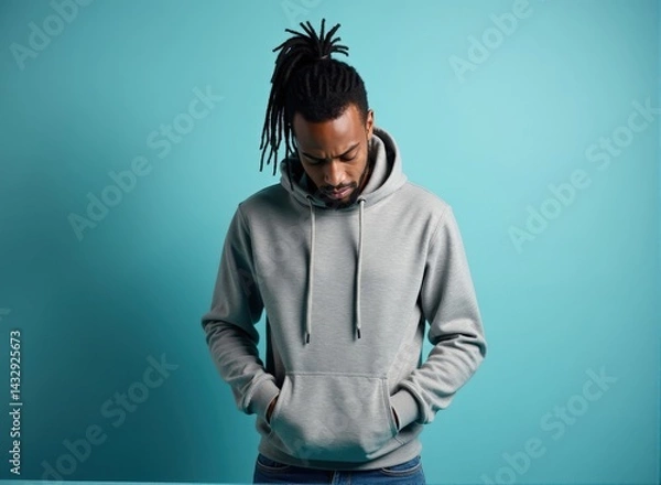 Fototapeta A man with dark skin and a ponytail, wearing a hoodie and jeans, expressing sadness, standing in front of a pastel blue background, with soft studio lighting and a shallow depth of field.