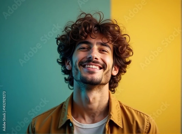 Fototapeta A man with medium skin and curly hair, wearing casual clothes, standing in front of a gradient background with studio lighting, expressing happiness.