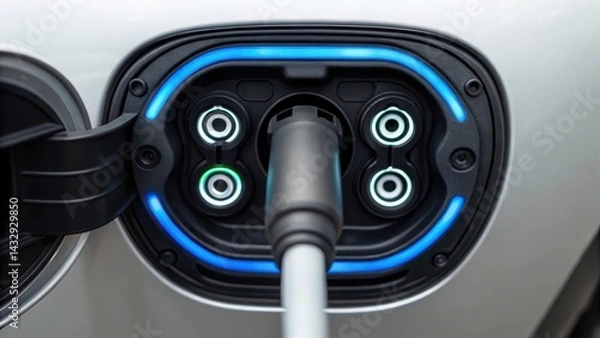 Fototapeta Electric car charging port with illuminated indicators showing charging status.