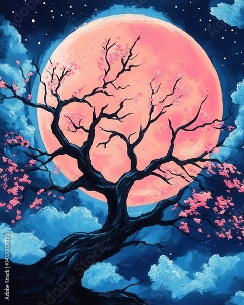 Obraz Dreamy night scene with a pink moon and cherry blossom tree in bloom against a dark blue sky evoking serenity and peace in an artistic style