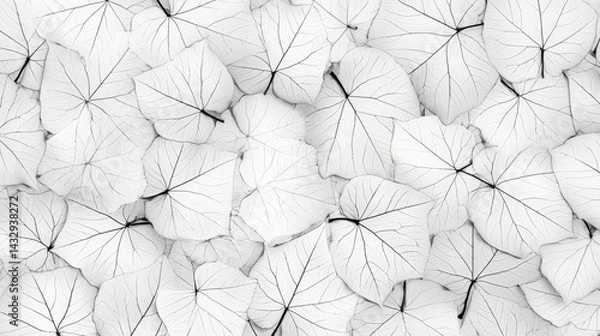 Fototapeta A collection of white leaves with black veins, arranged in a dense pattern.