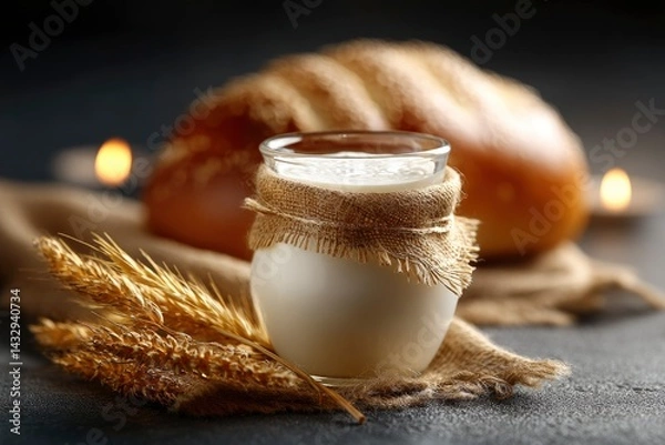 Fototapeta Jar of Yogurt with Bread and Wheat