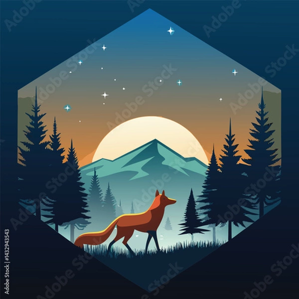 Fototapeta "Elegant fox silhouette walking through a mystical forest at night under a starry sky, howling on a cliff with glowing eyes, vector illustration"