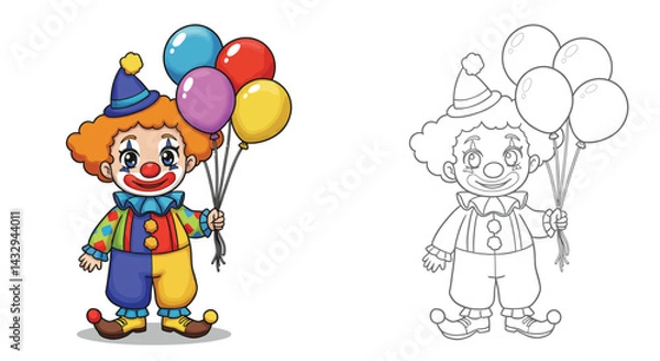 Fototapeta Joyful Clown with Balloons: A whimsical clown figure, radiant with cheerful colors and a buoyant bunch of balloons, painted on a backdrop that whispers of simplicity and artistic expression.