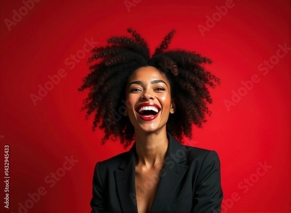 Fototapeta A woman with pale skin and afro, wearing a business suit, expressing joy, standing in front of a red background, with studio lighting and shallow depth of field.