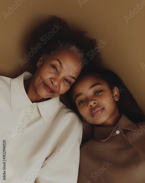 Fototapeta Grandmother and granddaughter share a warm embrace against a neutral backdrop