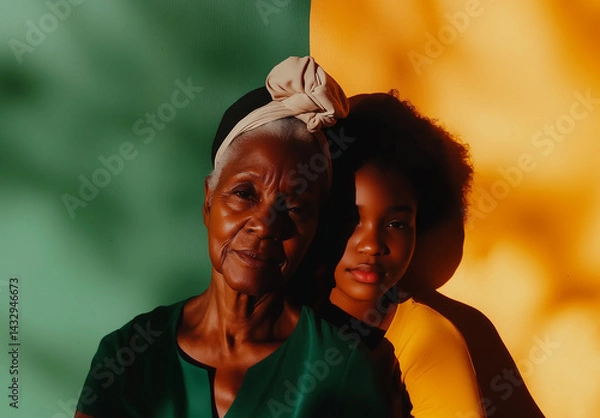 Fototapeta Grandmother and granddaughter share a warm embrace against a neutral backdrop