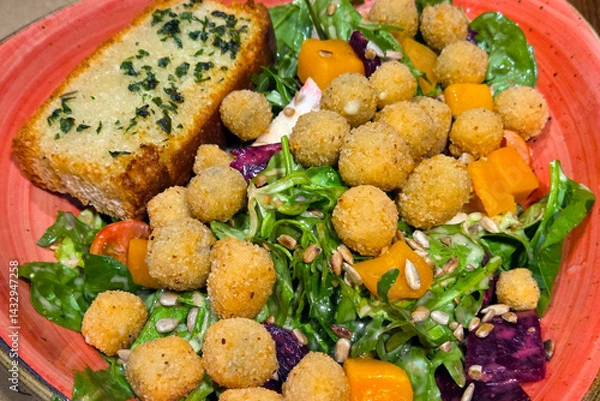 Fototapeta Fresh Mixed Green Salad with Garlic Bread and Crispy Croutons for a Wholesome Meal