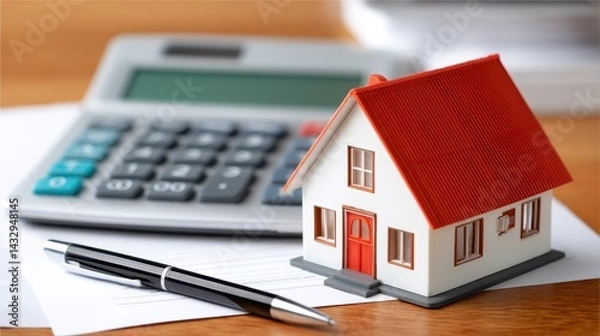 Fototapeta Detailed image of a miniature house model with red roof placed on a desk alongside a calculator and pen, representing real estate, housing, and property concepts