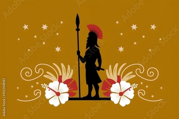 Fototapeta Silhouette of a Warrior with Floral Design and Golden Background