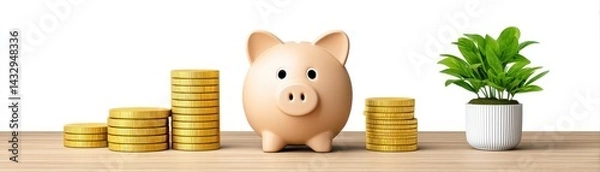 Fototapeta Cute piggy bank with stacks of gold coins and green houseplant on a wooden surface symbolizing savings, wealth, environment, and financial growth concept