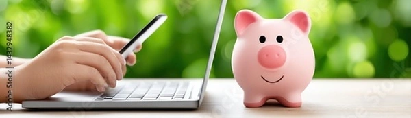 Fototapeta Person Using Smartphone Keyboard Computer with Pink Piggy Bank on Desk in Bright Green Outdoor Environment for Financial Planning and Budgeting Concept
