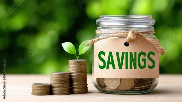 Fototapeta Glass jar labeled savings with a green plant growing from stacked coins symbolizing financial growth, savings, investment, wealth, and eco-friendly concepts
