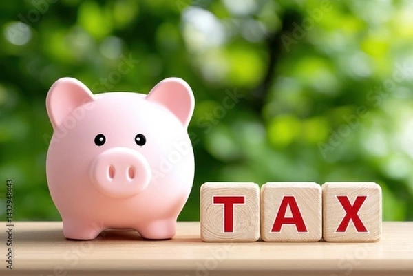 Fototapeta Cute pink piggy bank with happy face placed on a wooden surface beside blocks spelling tax, outdoor background with lush green blurred trees and sunlight