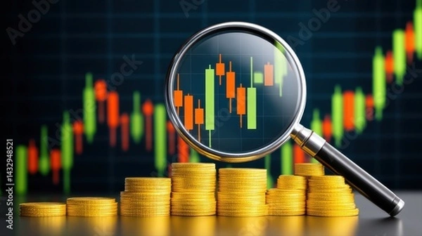 Fototapeta Financial growth analysis with stock market charts and magnifying glass over ascending bar graphs with golden coins representing investment success
