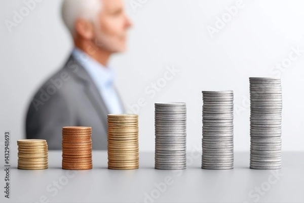 Fototapeta Businessman with gray hair in gray suit standing behind stacks of coins increasing in height from left to right representing financial growth and wealth accumulation