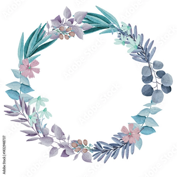 Fototapeta watercolor leaves and flower wreath eucalyptus with blue leaves spring summer bouquet