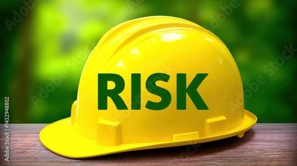 Fototapeta Bright yellow safety helmet with bold green risk text placed on wooden surface outdoors with lush greenery blurred background for hazard warning and safety concept