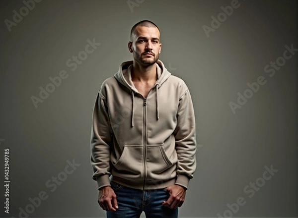 Fototapeta A man with medium skin and a buzz cut, wearing a hoodie and jeans, expressing sadness, standing in front of a gradient background with soft studio lighting.