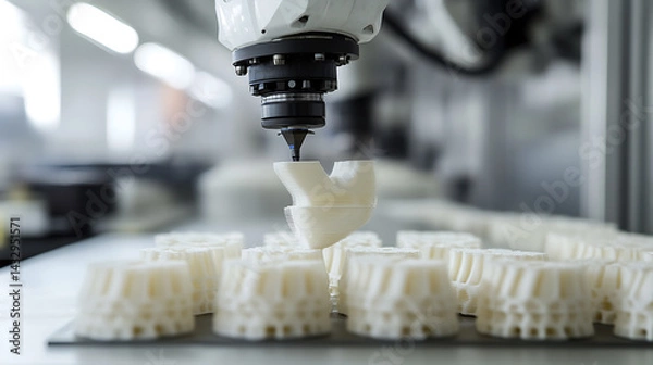 Fototapeta A robotic arm in a high tech AI controlled factory, assembling 3D-printed aerospace components for spacecraft, Aerospace-tech style