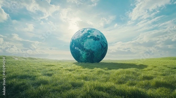 Obraz Earth globe resting on a grassy field under a bright sky.