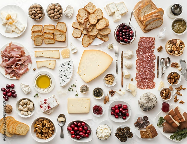 Fototapeta An overhead shot of a curated selection of cheeses meats nuts bread and fruits artfully arranged on a white surface.