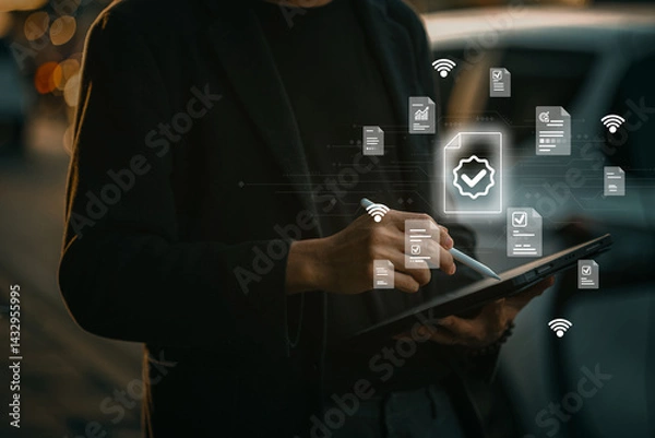 Obraz A man using a stylus on a tablet outdoors, confirming digital documents with wireless and cloud icons.