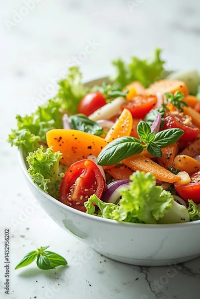 Obraz Fresh vegetable salad with tomatoes, cucumbers, and onions garnished with parsley on a bright table