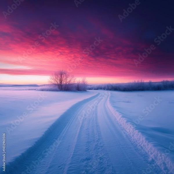 Obraz Winter scene with snow road at sunset